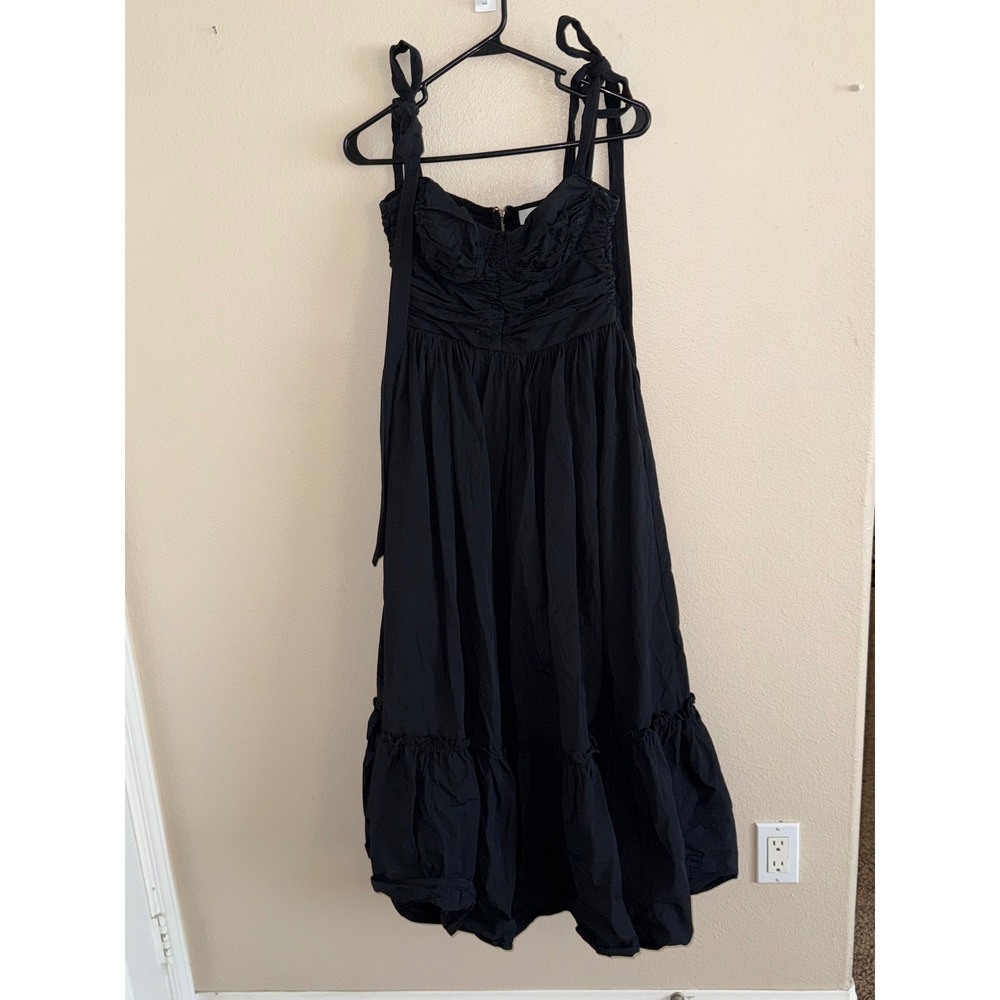 MABLE Black Ruched Tie Shoulder Smocked Back Tiered Midi Dress Women Size Medium